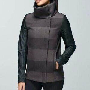 LULULEMON Brisky Biker Jacket in a gray and black stripe pattern
